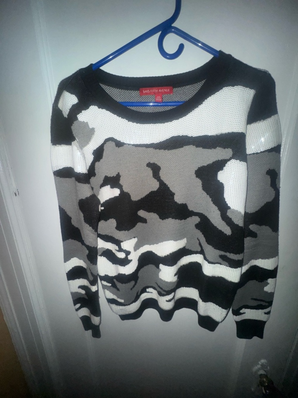 Saks Fifth Avenue Black Gray White Camouflage-Print Crewneck Sweater